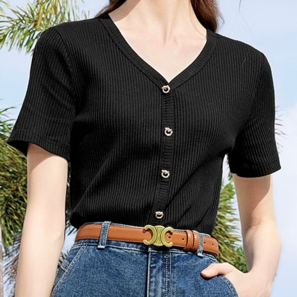 (2for$10) BETU V-Neck Ribbed Black Knit Tee Top with Gold Decorative Buttons